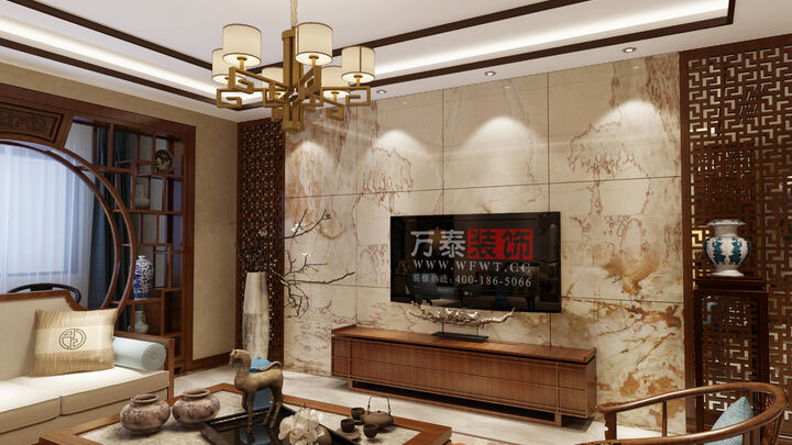 潍坊领事郡140平三室装修新中式风格设计案例