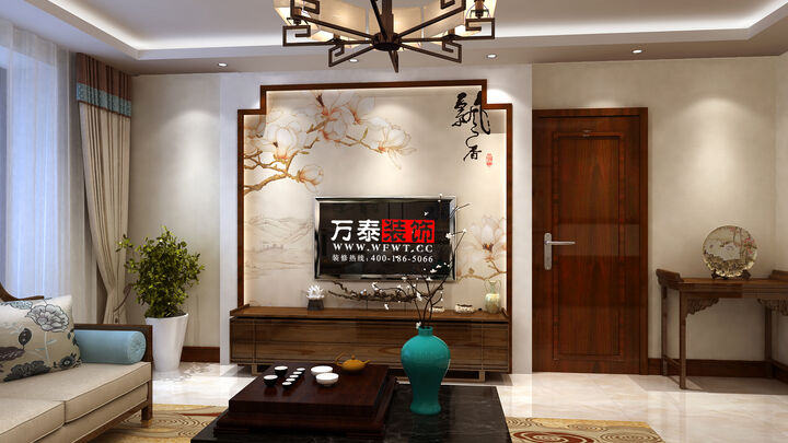潍坊邑城水岸130平三居室装修新中式风格设计案例